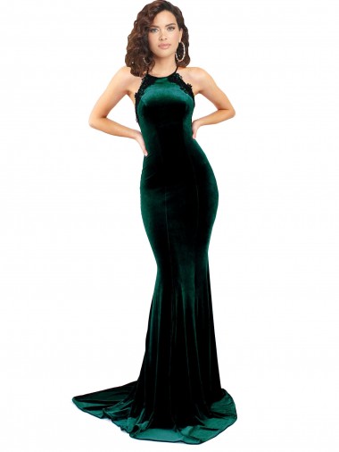 Cheap High Neck Formal Stretch Velvet Bridesmaid Dress / Prom Dress with Black Lace Embroidery Canada