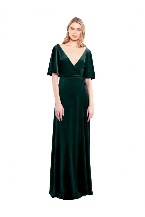 Cheap Deep V-Neck Flutter Sleeves Long Velvet Wrap Bridesmaid Dress / Prom Dress Canada