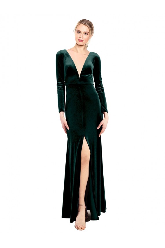 Cheap Plunging V-Neckline Long Sleeves Open Back Velvet Bridesmaid Dress / Prom Dress Canada