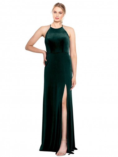 Cheap Long Jewel Neck Full Length Velvet Bridesmaid Dress / Prom Dress with Side Slit Canada