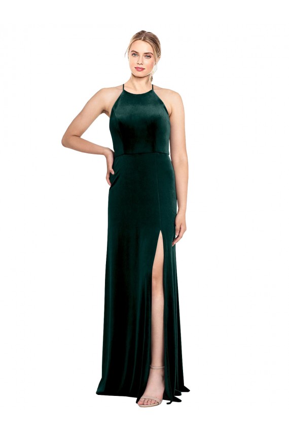 Cheap Long Jewel Neck Full Length Velvet Bridesmaid Dress / Prom Dress with Side Slit Canada