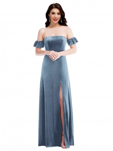 Cheap Ruffle Sleeve Off the Shoulder Velvet Maxi Bridesmaid Dress / Prom Dress Canada