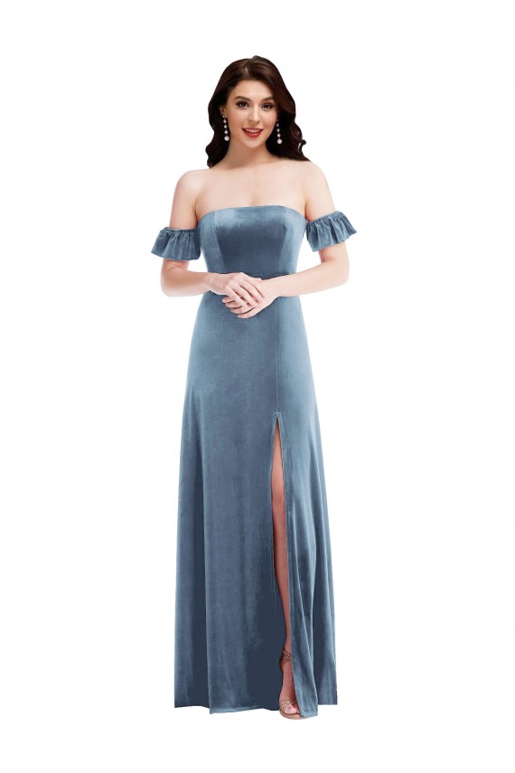 Cheap Ruffle Sleeve Off the Shoulder Velvet Maxi Bridesmaid Dress / Prom Dress Canada