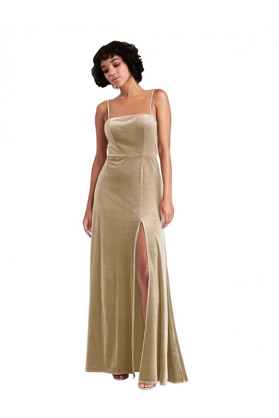 Cheap Square Neck Formal Velvet Maxi Bridesmaid Dress / Prom Dress with Front Slit Canada
