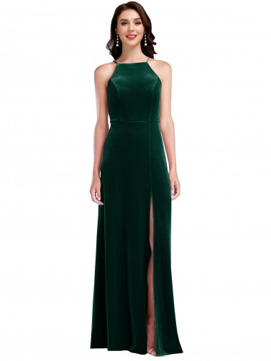 Cheap Velvet Halter Maxi Bridesmaid Dress / Prom Dress with Front Slit Canada