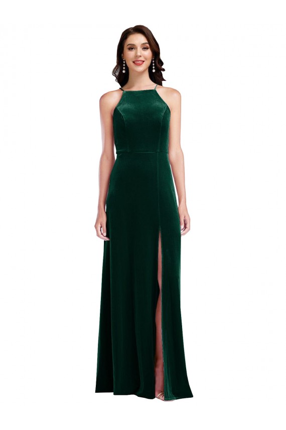 Cheap Velvet Halter Maxi Bridesmaid Dress / Prom Dress with Front Slit Canada