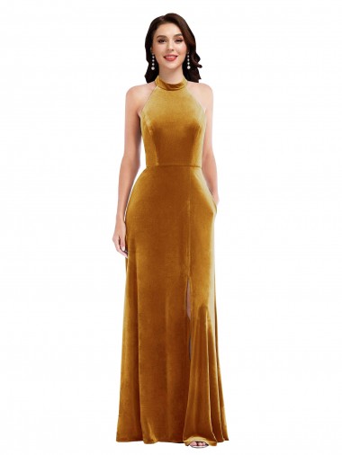 Cheap High-Neck Halter Velvet Maxi Bridesmaid Dress / Prom Dress with Front Slit Canada