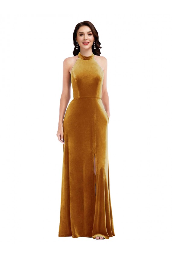 Cheap High-Neck Halter Velvet Maxi Bridesmaid Dress / Prom Dress with Front Slit Canada