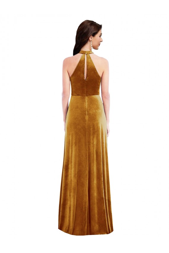 Cheap High-Neck Halter Velvet Maxi Bridesmaid Dress / Prom Dress with Front Slit Canada