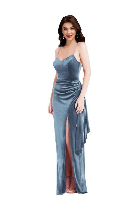 Cheap Spaghetti Strap Formal Velvet Maxi Bridesmaid Dress / Prom Dress with Draped Skirt Canada
