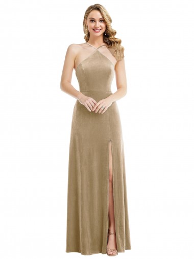 Cheap High Neck Halter Open Back Long Velvet Maxi Bridesmaid Dress / Prom Dress Canada