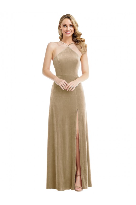 Cheap High Neck Halter Open Back Long Velvet Maxi Bridesmaid Dress / Prom Dress Canada