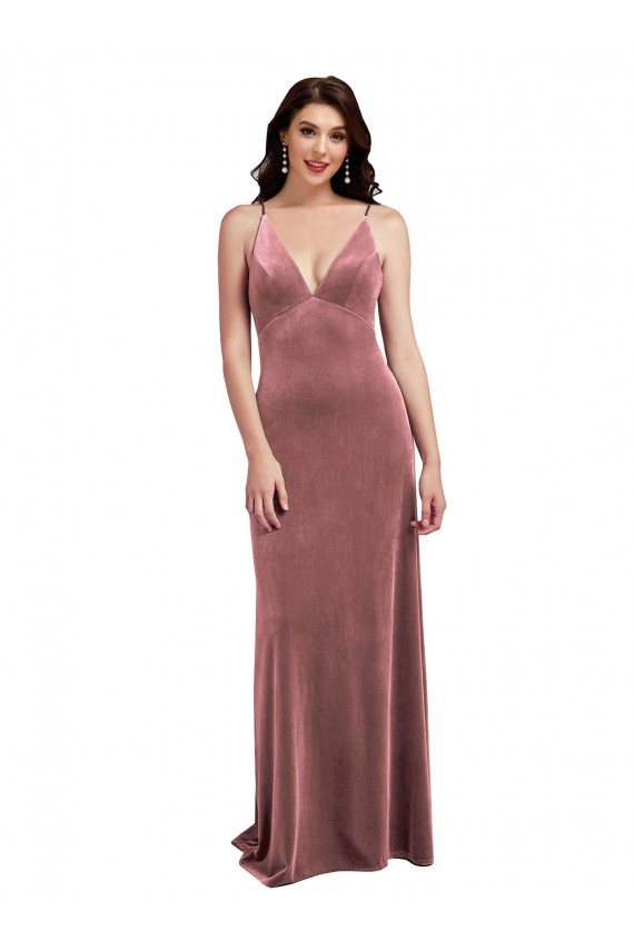 Cheap Low Scoop Back Long V-Neck Formal Velvet Slip Bridesmaid Dress / Prom Dress Canada