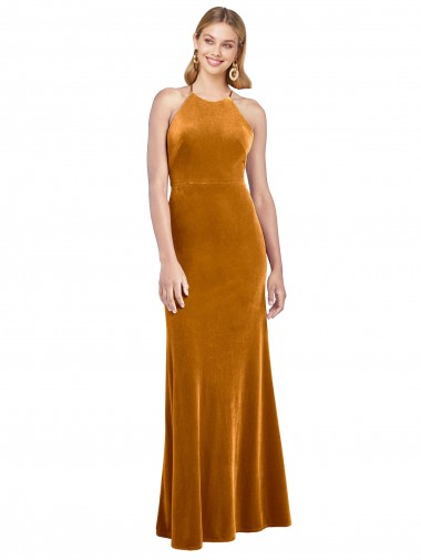 Cheap Halter Neckline Long Full Length Formal Velvet Bridesmaid Dress / Prom Dress with Strappy Back Canada