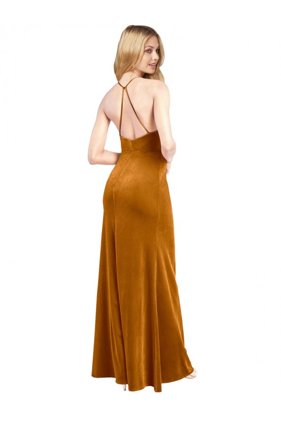 Cheap Halter Neckline Long Full Length Formal Velvet Bridesmaid Dress / Prom Dress with Strappy Back Canada