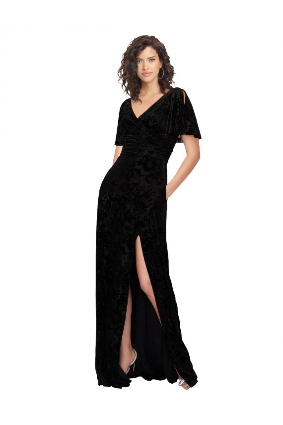 Cheap Split Sleeves V-Neck Floral Velvet Bridesmaid Dress with Front Slit Canada