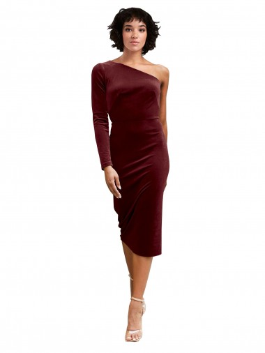 Cheap One Shoulder Fitted Short Midi Length Velvet Bridesmaid Dress / Prom Dress Canada