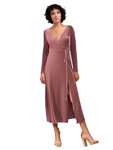 Cheap Long Sleeve Velvet Faux Wrap Midi Length Bridesmaid Dress / Prom Dress Canada