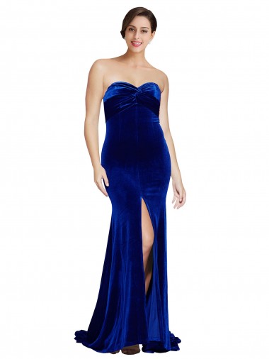 Cheap Strapless Ruched Formal Velvet Bridesmaid Dress / Prom Dress with Sweep Train and Front Slit Canada