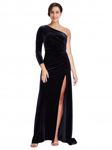 Cheap One Sleeve Long Formal Velvet Bridesmaid Dress / Prom Dress with Thigh High Split Canada