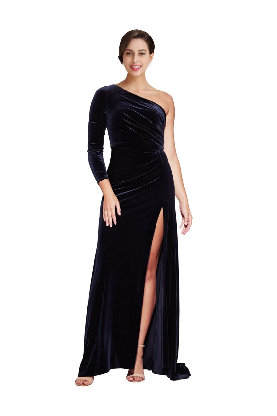 Cheap One Sleeve Long Formal Velvet Bridesmaid Dress / Prom Dress with Thigh High Split Canada