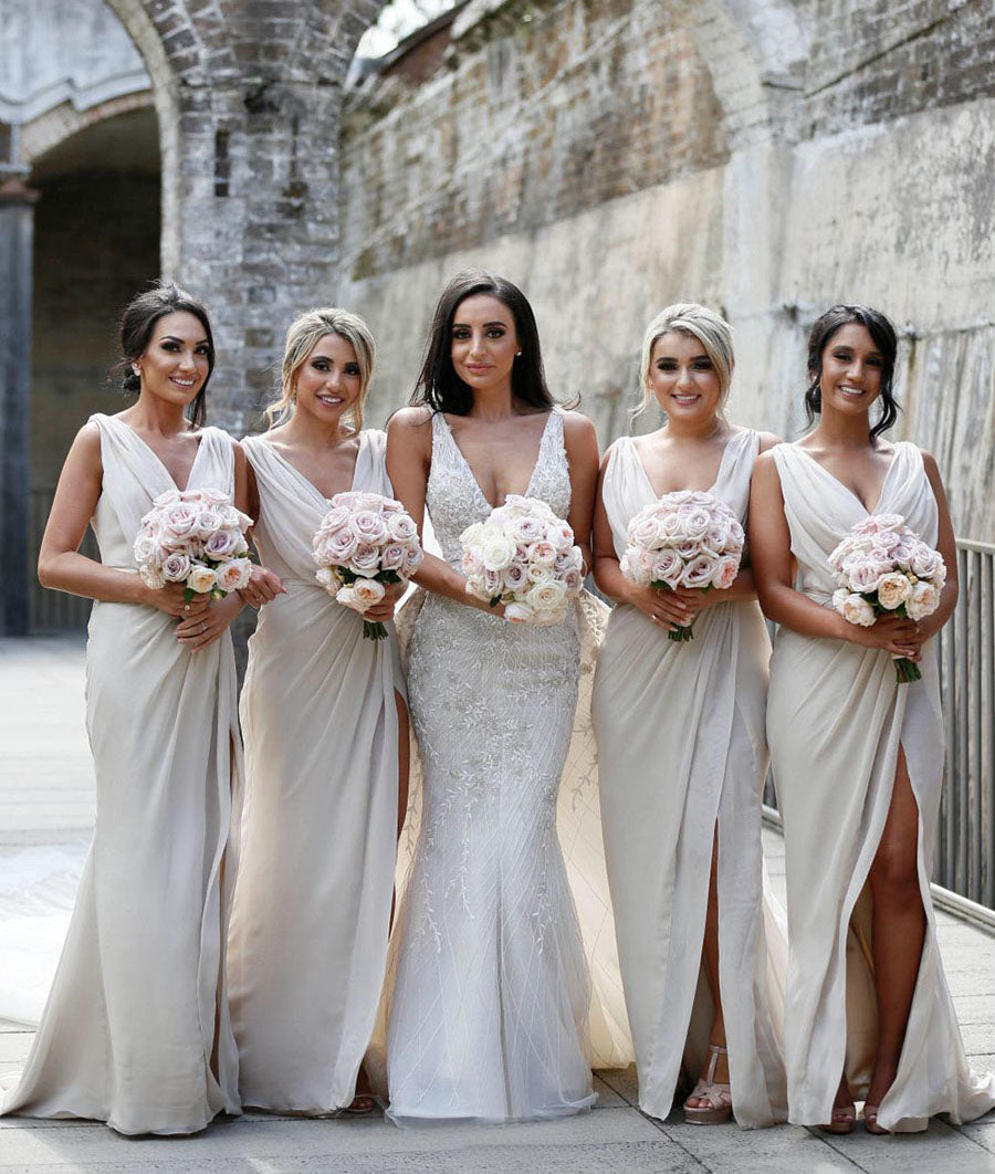 Full Length Luxe Chiffon Long Champagne bridesmaid dresses Canada with Sexy High Slit and Front Ruffles