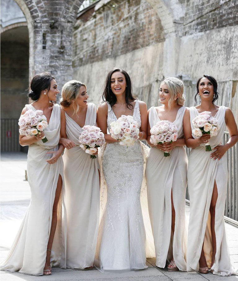 Full Length Luxe Chiffon Long Champagne bridesmaid dresses Canada with Sexy High Slit and Front Ruffles