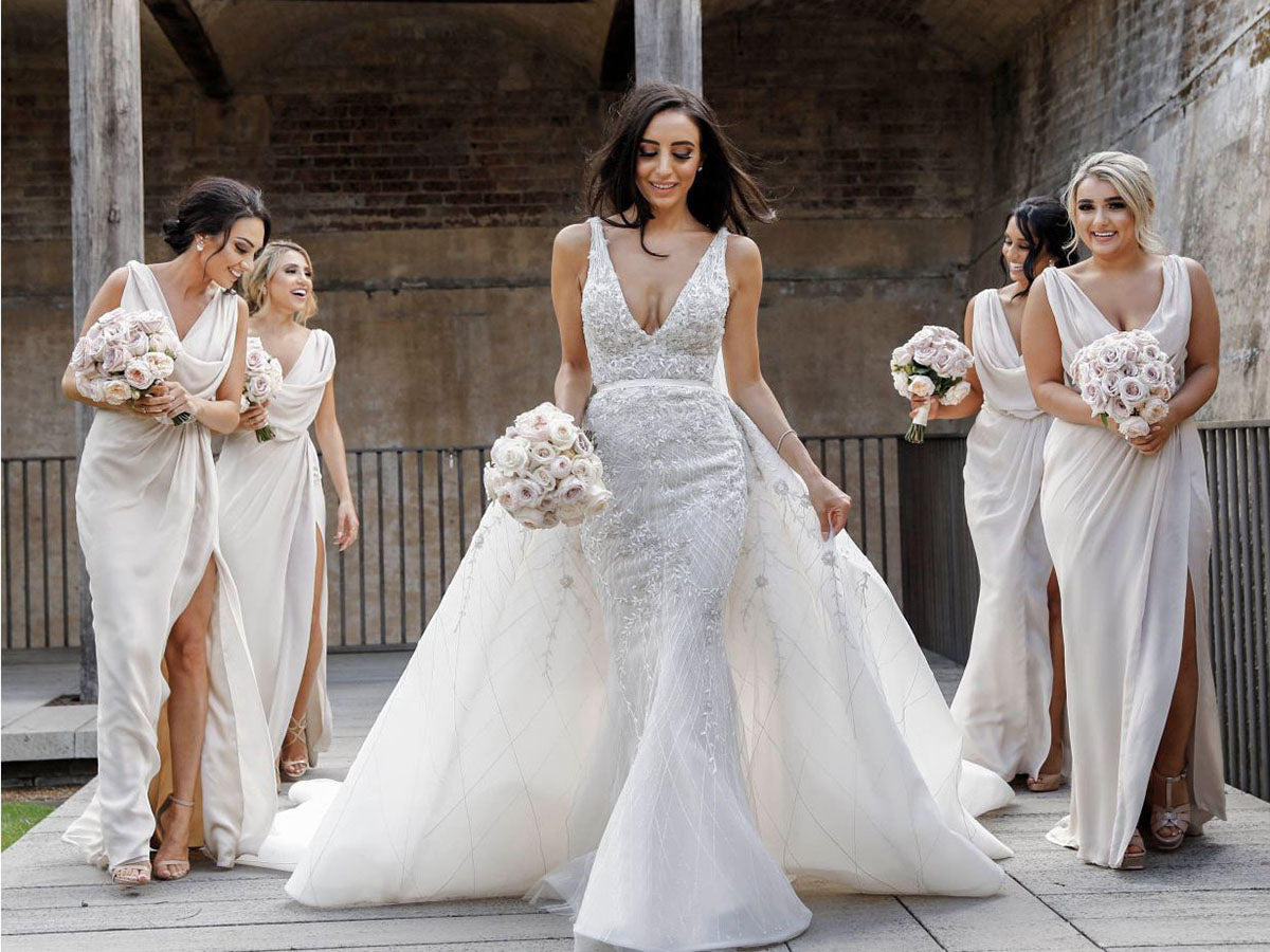 Full Length Luxe Chiffon Long Champagne bridesmaid dresses Canada with Sexy High Slit and Front Ruffles