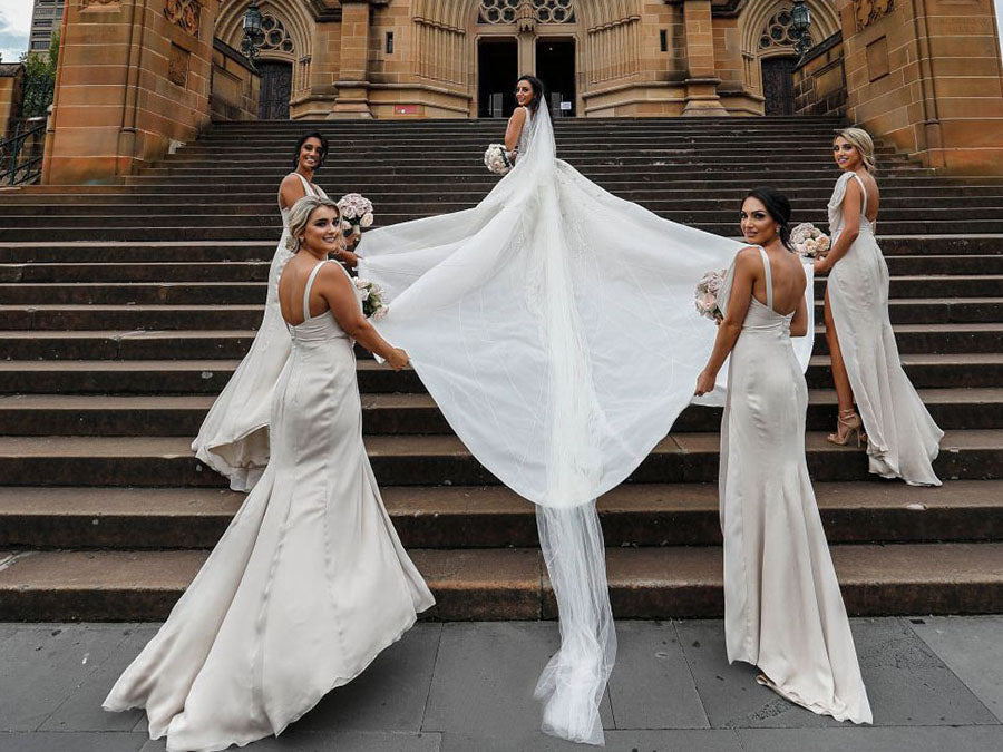 Full Length Luxe Chiffon Long Champagne bridesmaid dresses Canada with Sexy High Slit and Front Ruffles
