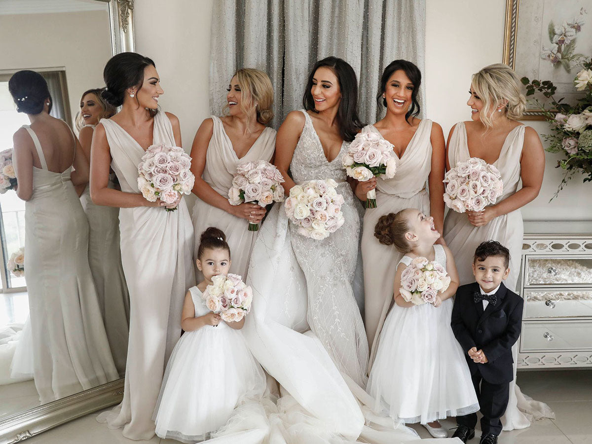 Full Length Luxe Chiffon Long Champagne bridesmaid dresses Canada with Sexy High Slit and Front Ruffles