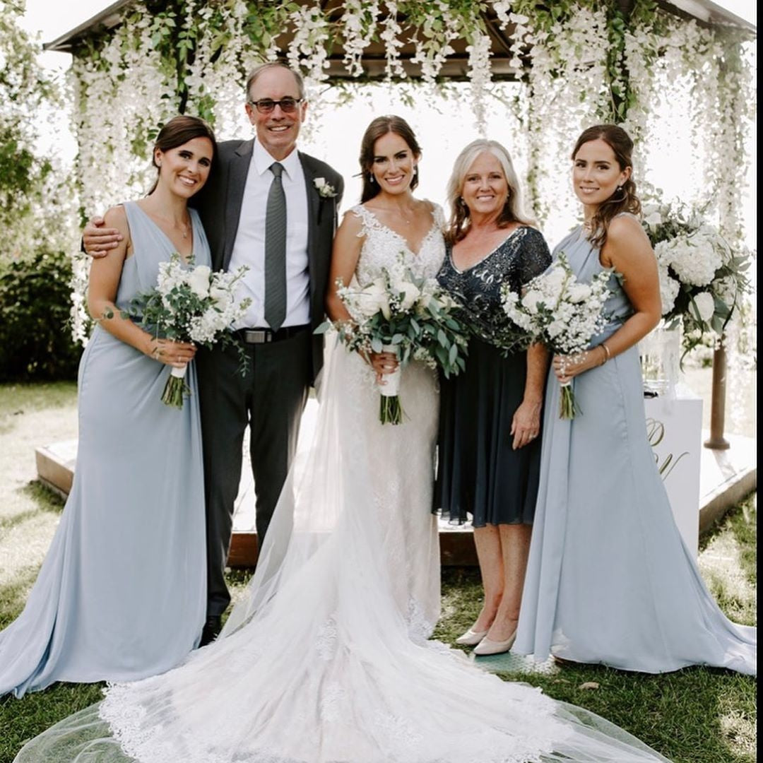 Dusty Blue Full Length Luxe Chiffon Long Champagne bridesmaid dresses Canada with Sexy High Slit and Front Ruffles